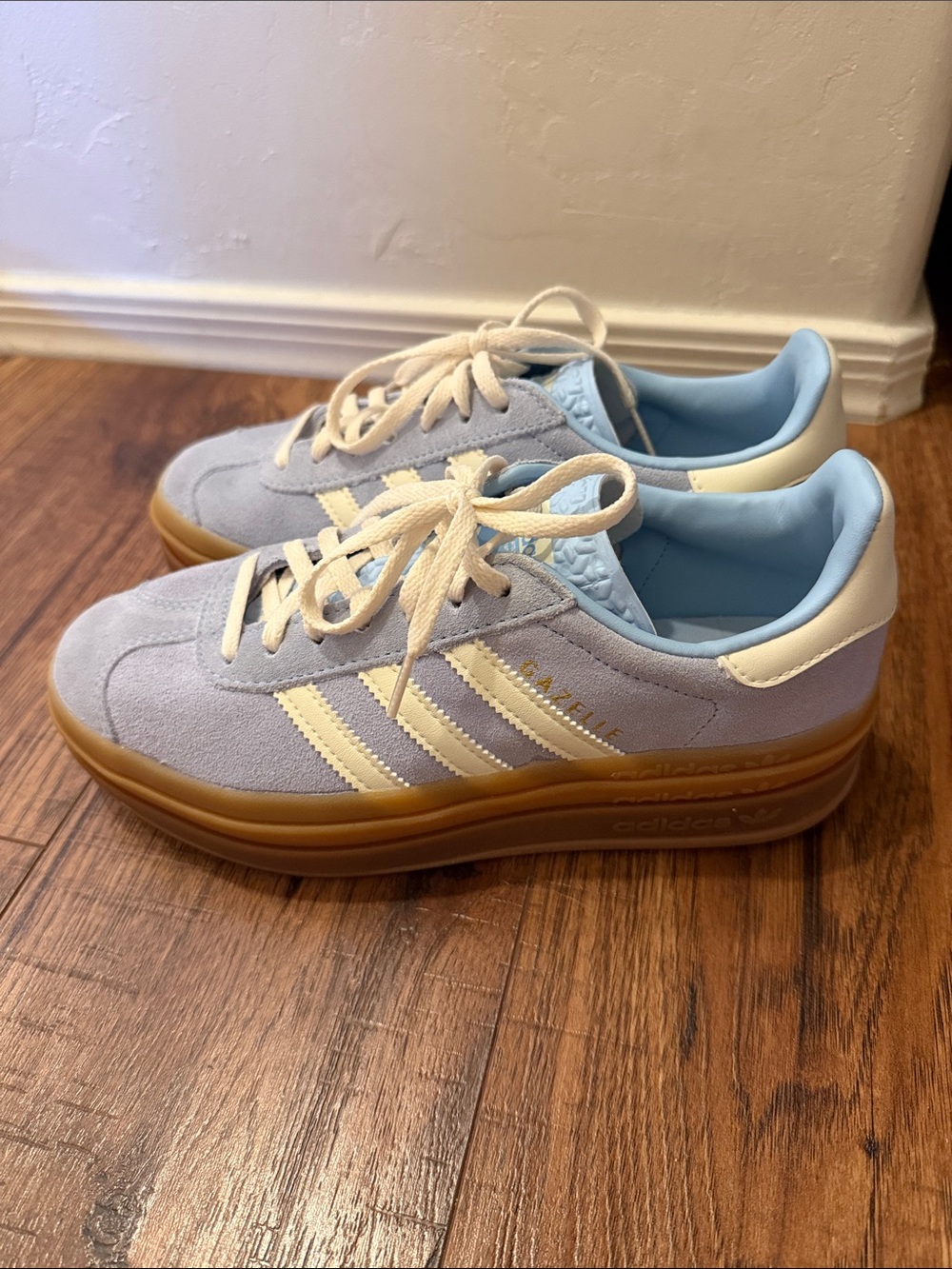 adidas Gazelle Suede Sneakers in Light Blue & Cream with Gum Sole